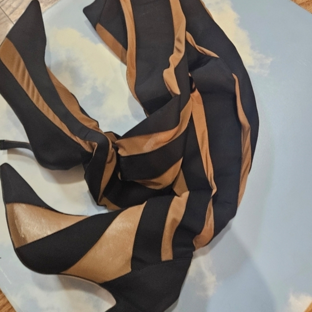 Over-the-Knee Striped Thigh High Boots - Black & Tan Illusion Mesh Heels - Picture 13 of 13